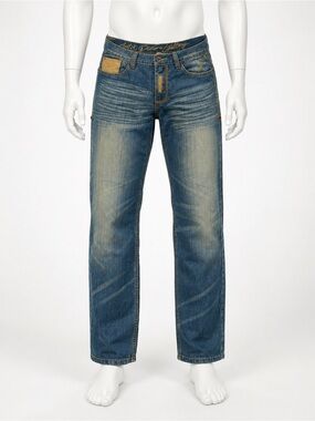 Antik Denim Men's Faded Blue Straight Jeans with Tan Accents
